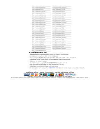 Acer Travelmate 4104                         Acer Travelmate 4104wlmi 
                                           Acer Travelmate 4106                         Acer Travelmate 4106wlmi 
                                           Acer Travelmate 4500 Series                  Acer Travelmate 4500alci 
                                           Acer Travelmate 4500lci                      Acer Travelmate 4500lmi 
                                           Acer Travelmate 4500wlci                     Acer Travelmate 4500wlmi 
                                           Acer Travelmate 4501                         Acer Travelmate 4501alc 
                                           Acer Travelmate 4501alci                     Acer Travelmate 4501lci 
                                           Acer Travelmate 4501lmi                      Acer Travelmate 4501wlc 
                                           Acer Travelmate 4501wlci                     Acer Travelmate 4501wlm 
                                           Acer Travelmate 4501wlmi                     Acer Travelmate 4502 
                                           Acer Travelmate 4502alci                     Acer Travelmate 4502lc 
                                           Acer Travelmate 4502lci                      Acer Travelmate 4502lmi 
                                           Acer Travelmate 4502wlci                     Acer Travelmate 4502wlm 
                                           Acer Travelmate 4502wlmi                     Acer Travelmate 4503 
                                           Acer Travelmate 4503lci                      Acer Travelmate 4503lmi 
                                           Acer Travelmate 4503wlci                     Acer Travelmate 4504 
                                           Acer Travelmate 4504lm                       Acer Travelmate 4504lmi 
                                           Acer Travelmate 4600                         Acer Travelmate 4600­Ii 
                                           Acer Travelmate 4601                         Acer Travelmate 4601lc 
                                           Acer Travelmate 4601lci                      Acer Travelmate 4601lm 
                                           Acer Travelmate 4601lmi                      Acer Travelmate 4601wlm 
                                           Acer Travelmate 4601wlmi                     Acer Travelmate 4602 
                                           Acer Travelmate 4602lci                      Acer Travelmate 4602lmi 
                                           Acer Travelmate 4602wlm                      Acer Travelmate 4602wlmi 
                                           Acer Travelmate 4603                         Acer Travelmate 4603wlci 
                                           Acer Travelmate 4603wlmi                     Acer Travelmate 4604 
                                           Acer Travelmate 4604wlci                     Acer Travelmate 4604wlm 
                                           Acer Travelmate 4604wlmi 

                                    ACER ASPIRE 1410 Tips:
                                      To prevent exposure to prevent damp to prevent the erosion of chemical liquids.  
                                      Do not demolish or modify the ACER ASPIRE 1410 battery.  
                                      At room temperature (20­30 degrees) for the battery of the most suitable working temperature.   
                                      Suggested an average of three months to conduct a battery power correction action.  
                                      To minimize the number of battery. 
                                      Use an external power supply when the ACER ASPIRE 1410 battery removed. 
                                      Power exhaustion after the charge and avoid charging time is too long.  
                                      To avoid short ­circuit the battery away from metal objects.   
                                      Do not charged to higher voltages than  ACER ASPIRE 1410 battery  threshold voltage, as it would become unsafe.  



                              Home  |  About us  |  FAQ  |  Shipping  |  Policy  |  Return  |  Link  |  Site Map  |  SiteMap Xml  |  RSS



                                   Copyright  © laptop­batteries­shop.ca 2008 Corporation and its licensors. All rights reserved.
All Information (including price) subject to change without notice. All designated trademarks, brands and model names are property of their respective owners.  
 