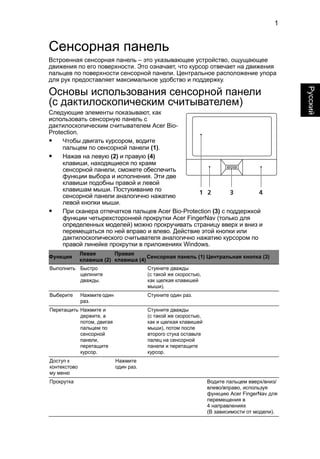 1 
Русский 
Сенсорная панель 
Встроенная сенсорная панель – это указывающее устройство, ощущающее 
движения по его поверхности. Это означает, что курсор отвечает на движения 
пальцев по поверхности сенсорной панели. Центральное расположение упора 
для рук предоставляет максимальное удобство и поддержку. 
Основы использования сенсорной панели 
(с дактилоскопическим считывателем) 
Следующие элементы показывают, как 
использовать сенсорную панель с 
дактилоскопическим считывателем Acer Bio- 
Protection. 
• Чтобы двигать курсором, водите 
пальцем по сенсорной панели (1). 
• Нажав на левую (2) и правую (4) 
клавиши, находящиеся по краям 
сенсорной панели, сможете обеспечить 
функции выбора и исполнения. Эти две 
клавиши подобны правой и левой 
клавишам мыши. Постукивание по 
сенсорной панели аналогично нажатию 
левой кнопки мыши. 
12 3 4 
• При сканера отпечатков пальцев Acer Bio-Protection (3) с поддержкой 
функции четырехсторонней прокрутки Acer FingerNav (только для 
определенных моделей) можно прокручивать страницу вверх и вниз и 
перемещаться по ней вправо и влево. Действие этой кнопки или 
дактилоскопического считывателя аналогично нажатию курсором по 
правой линейке прокрутки в приложениях Windows. 
Функция Левая 
клавиша (2) 
Правая 
клавиша (4) Сенсорная панель (1) Центральная кнопка (3) 
Выполнить Быстро 
щелкните 
дважды. 
Стукните дважды 
(с такой же скоростью, 
как щелкая клавишей 
мыши). 
Выберите Нажмите один 
раз. 
Стукните один раз. 
Перетащить Нажмите и 
держите, а 
потом, двигая 
пальцем по 
сенсорной 
панели, 
перетащите 
курсор. 
Стукните дважды 
(с такой же скоростью, 
как и щелкая клавишей 
мыши), потом после 
второго стука оставьте 
палец на сенсорной 
панели и перетащите 
курсор. 
Доступ к 
контекстово 
му меню 
Нажмите 
один раз. 
Прокрутка Водите пальцем вверх/вниз/ 
влево/вправо, используя 
функцию Acer FingerNav для 
перемещения в 
4 направлениях 
(В зависимости от модели). 
 