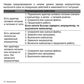 Увидев предупреждения о низком уровне заряда аккумулятора, 
выполните одно из следующих действий в зависимости от ситуации: 
Ситуация Рекомендуемое действие 
Есть адаптер 
сетевого питания 
и питание от сети. 
76 - Аккумулятор 
1. Подключите адаптер сетевого питания сначала 
к компьютеру, а затем - к сетевой розетке. 
2. Сохраните все нужные файлы. 
3. Продолжайте работу. 
Если хотите быстро зарядить аккумулятор, то 
выключите компьютер. 
Есть запасной 
полностью 
заряженный 
аккумулятор. 
1. Сохраните все нужные файлы. 
2. Закройте все программы. 
3. Выключите компьютер. 
4. Замените аккумулятор. 
5. Включите компьютер и продолжите работу. 
Нет адаптера 
сетевого питания 
или питания от 
сети. Нет 
запасного 
аккумулятора. 
1. Сохраните все нужные файлы. 
2. Закройте все программы. 
3. Выключите компьютер. 
 