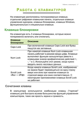 Pабота с клавиатурой - 17 
PАБОТА С КЛАВИАТУРОЙ 
На клавиатуре расположены полноразмерные клавиши, 
отдельная цифровая клавишная панель, отдельные клавиши 
управления курсором, клавиши блокировки, клавиша Windows, 
функциональные и специальные клавиши. 
Клавиша блокировки 
На клавиатуре есть 3 клавиши блокировки, которые можно 
попеременно включать или отключать. 
Сочетания клавиш 
В компьютере используются комбинации клавиш ("горячие" 
клавиши) для быстрого вызова большинства функций управления 
компьютером, таких как яркость экрана и громкость. 
Клавиша 
блокировки Описание 
Caps Lock При включенной клавише Caps Lock все буквы 
пишутся как заглавные. 
Num Lock 
При нажатой клавише Num Lock клавишная 
панель работает в режиме ввода цифр. Клавиши 
выполняют функции калькулятора (вместе с 
клавишами знаков арифметических действий +, 
-, * и /). Используйте этот режим, когда нужно 
вводить много числовых данных. 
Scroll Lock 
<Fn> + <F12> 
Когда нажата клавиша Scroll Lock, изображение 
на экране будет перемещаться на одну строку 
вверх или вниз при нажатии клавиши со 
стрелкой вверх или вниз соответственно. С 
некоторыми приложениями клавиша Scroll Lock 
не работает. 
 