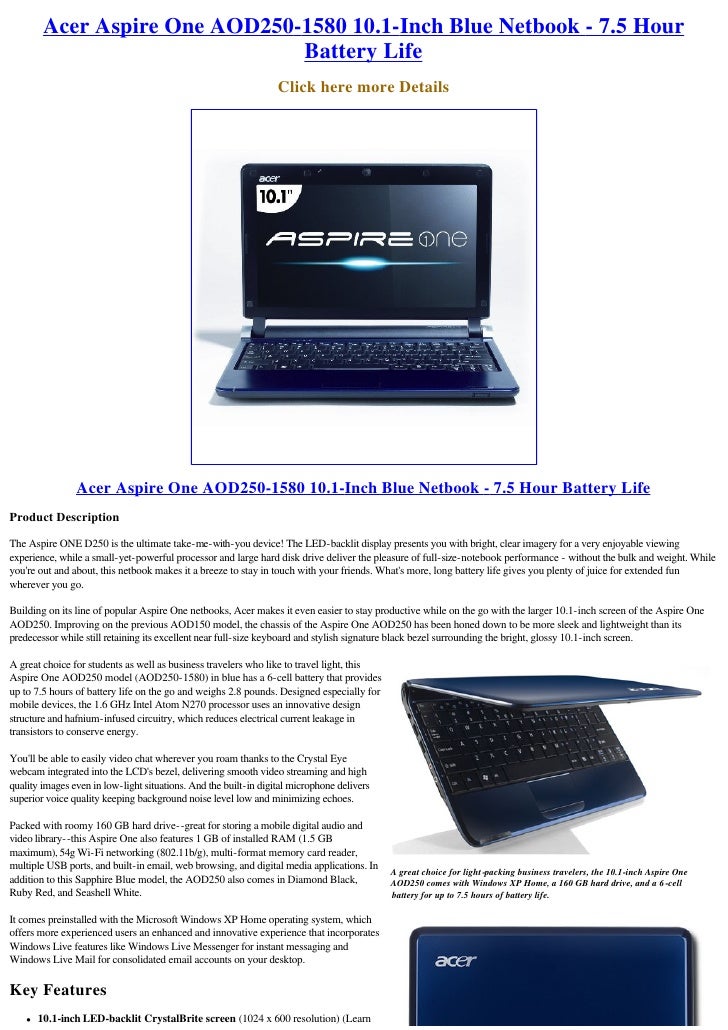 Acer Aspire One Aod250 1580 10 1 Inch Blue Netbook 7 5 Hour Battery