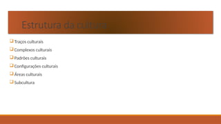 Estrutura da cultura
Traços culturais
Complexos culturais
Padrões culturais
Configurações culturais
Áreas culturais
Subcultura
 