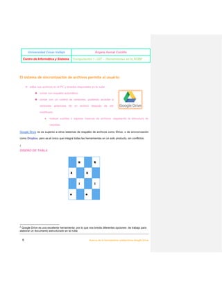 UNIVERSIDAD CÉSAR VALLEJO

YESENIA CASAMAYOR LUJAN

CENTRO DE INFORMÁTICA DE SISTEMA

COMPUTACIÓN I -U07 -HERRAMIENTAS EN LA NUBE

DISEÑO DE TABLAS

Y
♖

♕

B
♛

INSERTAR DIBUJO

5

♞

♘
♗

C
♟

☗
L

Acerca de la Herramienta Colaborativa Google Drive

 