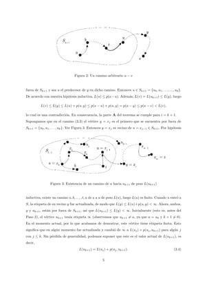 Figura 2: Un camino arbitrario u − v
fuera de Sk+1 y sea u el predecesor de y en dicho camino. Entonces u ∈ Sk+1 = {u0, u1, . . . , ..., uk}.
De acuerdo con nuestra hipótesis inductiva, L(u) ≤ p(a−u). Además, L(v) = L(uk+1) ≤ L(y), luego
L(v) ≤ L(y) ≤ L(u) + p(u, y) ≤ p(a − u) + p(u, y) = p(a − y) ≤ p(a − v) < L(v),
lo cual es una contradicción. En consecuencia, la parte A del teorema se cumple para i = k + 1.
Supongamos que en el camino (3.3) el vértice y = xj es el primero que se encuentra por fuera de
Sk+1 = {u0, u1, . . . , uk}. Ver Figura 3. Entonces y = xj es vecino de u = xj−1 ∈ Sk+1. Por hipótesis
Figura 3: Existencia de un camino de a hacia uk+1 de peso L(uk+1)
inductiva, existe un camino a, b, . . . , t, u de a a u de peso L(u), luego L(u) es finito. Cuando u entró a
S, la etiqueta de su vecino y fue actualizada, de modo que L(y) ≤ L(u)+p(u, y) < ∞. Ahora, ambos,
y y uk+1, están por fuera de Sk+1, ası́ que L(uk+1) ≤ L(y) < ∞. Inicialmente (esto es, antes del
Paso 2), el vértice uk+1 tenı́a etiqueta ∞ (observemos que uk+1 6= a, ya que a = u0 y k + 1 6= 0).
En el momento actual, por lo que acabamos de demostrar, este vértice tiene etiqueta finita. Esto
significa que en algún momento fue actualizada y cambió de ∞ a L(uj) + p(uj, uk+1) para algún j
con j ≤ k. Sin pérdida de generalidad, podemos suponer que este es el valor actual de L(uk+1), es
decir,
L(uk+1) = L(uj) + p(uj, uk+1). (3.4)
5
 