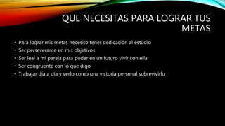 QUE NECESITAS PARA LOGRAR TUS
METAS
• Para lograr mis metas necesito tener dedicación al estudio
• Ser perseverante en mis objetivos
• Ser leal a mi pareja para poder en un futuro vivir con ella
• Ser congruente con lo que digo
• Trabajar día a día y verlo como una victoria personal sobrevivirlo
 
