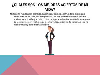 ¿CUÁLES SON LOS MEJORES ACIERTOS DE MI
VIDA?
No tenerle miedo a los cambios, saber estar sola, rodearme de la gente que
ahora esta en mi vida, ser comprensiva, no ser conforme y luchar por mis
sueños para la vida que quiero para mi y para mi familia, no rendirme a pesar
de los momentos y malos ratos que he vivido, alejarme de personas que no
me sumaban y solo me estancaban.
 