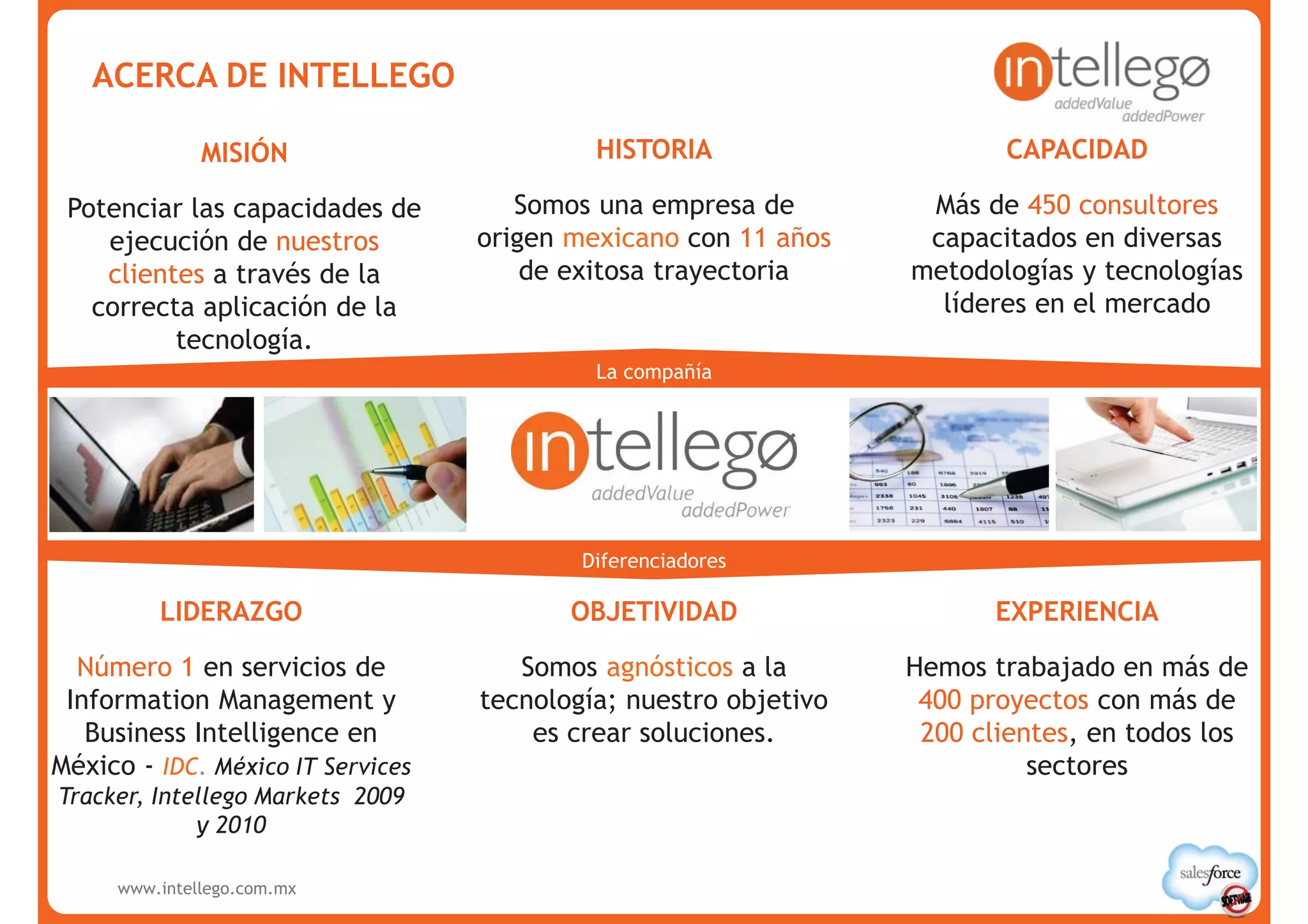ACERCA DE INTELLEGO

              MISIÓN                        HISTORIA                     CAPACIDAD

 Potenciar las capacidades de         Somos una empresa de         Más de 450 consultores
    ejecución de nuestros          origen mexicano con 11 años     capacitados en diversas
    clientes a través de la            de exitosa trayectoria     metodologías y tecnologías
   correcta aplicación de la                                        líderes en el mercado
          tecnología.
                                            La compañía




                                           Diferenciadores

         LIDERAZGO                        OBJETIVIDAD                    EXPERIENCIA

  Número 1 en servicios de            Somos agnósticos a la       Hemos trabajado en más de
 Information Management y          tecnología; nuestro objetivo    400 proyectos con más de
   Business Intelligence en            es crear soluciones.        200 clientes, en todos los
México - IDC. México IT Services                                            sectores
Tracker, Intellego Markets 2009
             y 2010

     www.intellego.com.mx
 