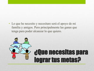 ¿Que necesitas para
lograr tus metas?
• Lo que he necesito y necesitare será el apoyo de mi
familia y amigos. Pero principalmente las ganas que
tenga para poder alcanzar lo que quiero.
 