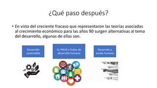 ¿Qué paso después?
• En vista del creciente fracaso que representaron las teorías asociadas
al crecimiento económico para las años 90 surgen alternativas al tema
del desarrollo, algunas de ellas son.
Desarrollo
sustentable
EL PNUD y Índice de
desarrollo humano
Desarrollo a
escala humana
 