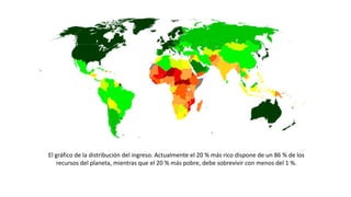 El gráfico de la distribución del ingreso. Actualmente el 20 % más rico dispone de un 86 % de los
recursos del planeta, mientras que el 20 % más pobre, debe sobrevivir con menos del 1 %.
 