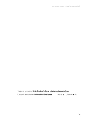 Licenciatura en Educación Primaria. Plan de estudios 2022
3
Trayecto formativo: Práctica Profesional y Saberes Pedagógicos
Carácter del curso: Currículo Nacional Base Horas: 6 Créditos: 6.75
 