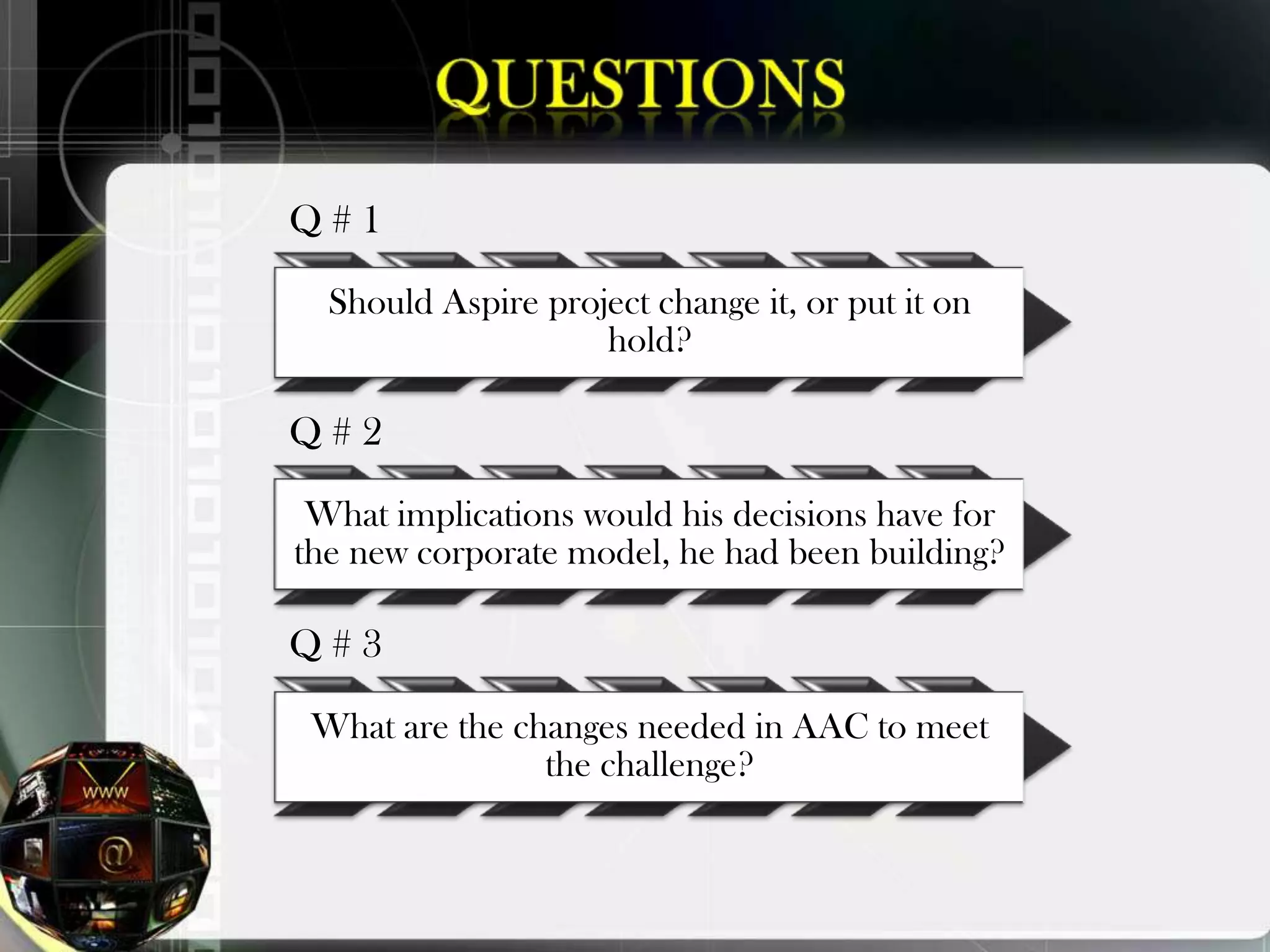 Q#1
  Should Aspire project change it, or put it on
                    hold?

Q#2
 What implications would his decisions have for
the new corporate model, he had been building?

Q#3
 What are the changes needed in AAC to meet
                the challenge?
 