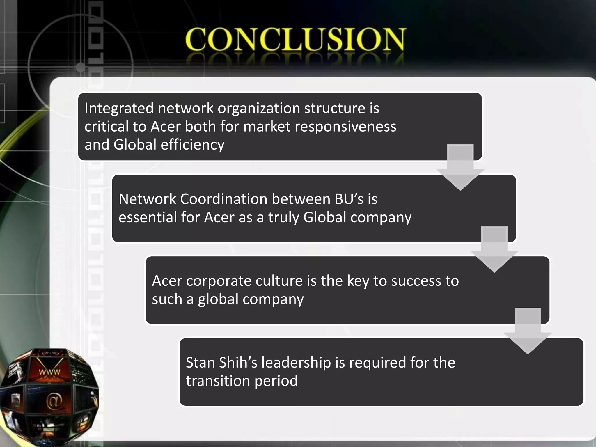 Integrated network organization structure is
critical to Acer both for market responsiveness
and Global efficiency


     Network Coordination between BU’s is
     essential for Acer as a truly Global company


          Acer corporate culture is the key to success to
          such a global company


               Stan Shih’s leadership is required for the
               transition period
 