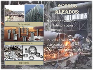 Aceros
aleados:
•Contiene : vanadio,
molibdeno y otros
elementos
•Su clasifican en:
estructurales, para
herramientas, especiales.
Estructurales
Para herramientas
Especiales
 