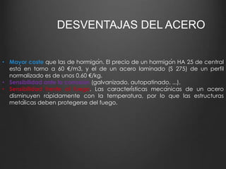 DESVENTAJAS DEL ACERO 
• Mayor coste que las de hormigón. El precio de un hormigón HA 25 de central 
está en torno a 60 €/m3, y el de un acero laminado (S 275) de un perfil 
normalizado es de unos 0.60 €/kg. 
• Sensibilidad ante la corrosión (galvanizado, autopatinado, ...). 
• Sensibilidad frente al fuego. Las características mecánicas de un acero 
disminuyen rápidamente con la temperatura, por lo que las estructuras 
metálicas deben protegerse del fuego. 
 