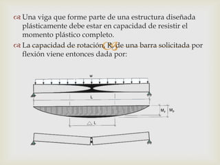  Una viga que forme parte de una estructura diseñada
  plásticamente debe estar en capacidad de resistir el
  momento plástico completo.
                           
 La capacidad de rotación, R, de una barra solicitada por
  flexión viene entonces dada por:
 