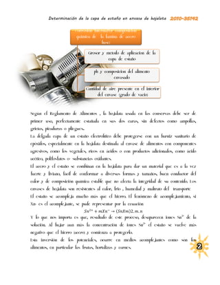 Determinación de la capa de estaño en envase de hojalata

                          Corrosión Interna:Por composicion
                          quimica de la lamina de acero
                                         base:

                                   Grosor y metodo de aplicacion de la
                                             capa de estaño

                                      ph y composicion del alimento
                                               envasado

                                  Cantidad de aire presente en el interior
                                         del envase (grado de vacio)



Según el Reglamento de Alimentos , la hojalata usada en las conservas debe ser de
primer uso, perfectamente estañada en sus dos caras, sin defectos como ampollas,
grietas, picaduras o pliegues..
La delgada capa de un estaño electrolítico debe protegerse con un barniz sanitario de
epóxidos, especialmente en la hojalata destinada al envase de alimentos con componentes
agresivos, como los vegetales, ricos en ácidos o con productos adicionados, como ácido
acético, polifosfatos o- substancias oxidantes.
El acero y el estaño se combinan en la hojalata para dar un material que es a la vez
fuerte y liviano, fácil de conformar a diversas formas y tamaños, buen conductor del
calor y de composición química estable que no afecta la integridad de su contenido. Los
envases de hojalata son resistentes al calor, frio , humedad y maltrato del   transporte
El estaño se acompleja mucho más que el hierro. El fenómeno de acomplejamiento, si
Xn- es el acomplejante, se pude representar por la ecuación
                                          (      )
Y lo que nos importa es que, resultado de este proceso, desaparecen iones Sn 2+ de la
solución. Al bajar aun más la concentración de iones Sn2+ el estaño se vuelve más
negativo que el hierro (acero) y comienza a protegerlo.
Esta inversión de los potenciales, ocurre en medios acomplejantes como son los
alimentos, en particular las frutas, hortalizas y carnes.
 