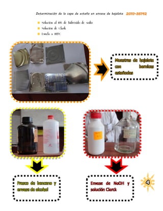 Determinación de la capa de estaño en envase de hojalata

            Solución al 10% de hidróxido de sodio
            Solución de Clark
            Estufa a 105ºC




                                                            Muestras de hojalata
                                                            con         barnices
                                                            estañados




Frasco de benceno y                            Envase de NaOH y
envase de alcohol                              solución Clarck
 