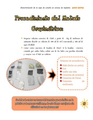 Determinación de la capa de estaño en envase de hojalata




   Preparar solución corrosiva de Clark a partir de   36g de tricloruro de
   antimonio disuelto en solución de 800 ml de HCl concentrado y 200 ml de
   agua destilada
   Cortar varias muestras de hojalata de 25cm2. Si la hojalata    estuviera
   estañada por ambos lados, cubrir uno de los lados con parafina derretida
   y ensayar con el lado no cubierto


                                               Envases de procedencia:
                                                  Nido (leche en polvo)
                                                  Eco
                                                  Leche soy vida
                                                  Conserva de (arvejas)
                                                  Conserva de frutas
                                                  Conserva            de
                                                  anchoveta
 