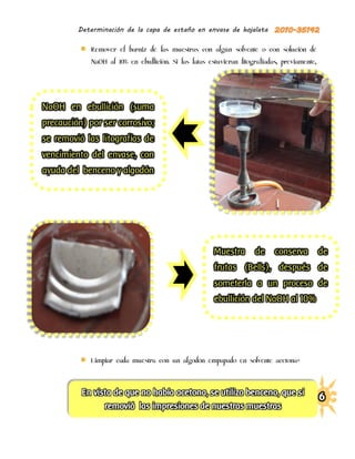 Determinación de la capa de estaño en envase de hojalata

             Remover el barniz de las muestras con algún solvente o con solución de
             NaOH al 10% en ebullición. Si las latas estuvieran litografiadas, previamente,




NaOH en ebullición (suma
precaución) por ser corrosivo;
se removió las litografías de
vencimiento del envase, con
ayuda del benceno y algodón




                                                       Muestra       de     conserva          de
                                                       frutas (Bells), después de
                                                       someterla a un proceso de
                                                       ebullición del NaOH al 10%




             Limpiar cada muestra con un algodón empapado en solvente acetona+
 