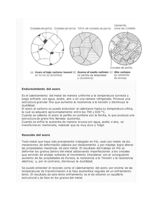 Endurecimiento del acero 
Es el calentamiento del metal de manera uniforme a la temperatura correcta y 
luego enfriarlo con agua, aceite, aire o en una cámara refrigerada. Produce una 
estructura granular fina que aumenta la resistencia a la tensión y disminuye la 
ductilidad. 
El acero al carbono se puede endurecer al calentarse hasta su temperatura crítica, 
la cual se adquiere aproximadamente entre los 790 y 830 °C. 
Cuando se calienta el acero la perlita se combina con la ferrita, lo que produce una 
estructura de grano fino llamada austenita. 
Cuando se enfría la austenita de manera brusca con agua, aceite o aire, se 
transforma en martensita, material que es muy duro y frágil. 
Recocido del acero 
Todo metal que haya sido previamente trabajado en frío, sean por medio de los 
mecanismos de deformación plástica por deslizamiento y por maclaje logra alterar 
las propiedades mecánicas de este metal. El resultado del trabajo en frío es 
deformar los granos dentro del metal adicionando imperfecciones a los cristales 
que servirán de anclaje evitando el movimiento interplanar con el consiguiente 
aumento de las propiedades de Dureza, la resistencia a la Tensión y la resistencia 
eléctrica; y, por el contrario, disminuyo la ductilidad. 
Se puede entender el recocido como el calentamiento del acero por encima de las 
temperaturas de transformación a la fase austenítica seguida de un enfriamiento 
lento. El resultado de este lento enfriamiento es el de obtener un equilibrio 
estructural y de fase en los granos del metal. 
 