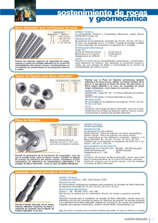 sostenimiento de rocas
y geomecánica
NORMA TÉCNICA:
La Composición Química y Propiedades Mecánicas, según Norma
ASTM A615 Grado 75.
PRESENTACIÓN:
Se producen en los diámetros nominales de 19 mm, 22 mm, 25 mm y
32 mm; y en longitudes de 9 y 12 metros. También se entregan a pedido
en otras longitudes. Se suministran en paquetes de 1 tonelada.
PROPIEDADES MECÁNICAS:
Grado 75:
Límite de Fluencia mínimo = 5,270 kg/cm2
Resistencia a la Tracción = 7,030 kg/cm2
Alargamiento en 200mm = 7 % mín.
USOS:
Permiten el control de las inestabilidades subterráneas y superficiales,
como elemento de refuerzo. Son aplicadas en proyectos mineros y
civiles, por sus ventajas de diseño y funcionalidad en el control de
inestabilidades del macizo rocoso.
Poseen los mayores registros de capacidad de carga,
respecto a todos los anclajes aplicados en el control de
inestabilidades del macizo rocoso; constituyéndose en
un estándar de sostenimiento en los proyectos mineros
y civiles.
Barra Helicoidal®
para fortificación de rocas
DIMENSIONES
Designación Diámetro
# 6 3/4" (19 mm)
# 7 7/8" (22 mm)
# 8 1" (25 mm)
# 10 1 1/4" (32 mm)
DESIGNACIÓN DIÁMETRO
(mm)
# 6 19
# 7 22
# 8 25
# 10 32
Tuerca de Fijación para Barra Helicoidal®
Permite que la Placa de Sujeción permanezca siempre
adherida a la masa rocosa, debido a la forma esférica de la
tuerca, lo que genera un efecto de rótula. De esta forma, la
Placa estará adherida a la roca, sin necesidad de poner
ningún aditamento, como bases de concreto, etc.
NORMA TÉCNICA:
ASTM A536 - Grado 65 - 45 - 12 (Tuerca fabricada en Fundición
nodular).
ASTM A194 Grado 7 (Tuerca fabricada en acero).
PRESENTACIÓN:
Se comercializa en los diámetros nominales de 19 mm, 22 mm,
25 mm y 32 mm.
USOS:
Accesorio del Anclaje de Barra Helicoidal®, permite el posi-
cionamiento de la Placa de Sujeción sobre el macizo rocoso,
conformando el Sistema de Anclaje Helicoidal.
NORMA TÉCNICA:
ASTM A36/A36M
PRESENTACIÓN:
Se presentan en dos diseños:
Diseño Normal.- Placa de sujeción con domo semiesférico.
Diseño Volcán.- Placa de sujeción con domo volcán.
Se comercializa en los diámetros nominales, respecto a la
Barra Helicoidal® de: 19 mm, 22 mm, 25 mm y 32 mm.
Tambien son suministradas en espesores de 9,50 mm y for-
matos: 150 mm x 150 mm.
REQUERIMIENTOS MECÁNICOS:
Resistencia a la Tracción mín.: 58,000 - 80,000 lbs/pulg²
Límite de Fluencia mín.: 36,000 lbs/pulg²
Alargamiento en 2", mín.: 20%
USOS:
Accesorio del Anclaje de Barra Helicoidal®, actúa como base
para el posicionamiento de la Tuerca de Fijación, permane-
ciendo en contacto con el macizo rocoso, una vez instalado
el anclaje de Barra Helicoidal®.
Permite la generación de la envolvente de compresión, una vez
que el anclaje actúa sobre el macizo rocoso. También el registro
de eventos de esfuerzos del macizo rocoso. Contribuye al posi-
cionamiento de elementos de sostenimiento adicionales a los
anclajes de Barra Helicoidal®, como el caso de Mallas Metálicas.
Placa de Sujeción
DIÁMETRO DIMENSIONES PLACA
(mm) (mm)
19 4.5 x 200 x 200
22 4.5 x 200 x 200
25 4.5 x 200 x 200
32 4.5 x 200 x 200
Nota: Se producen placas de
dimensión (mm) 9.5 x 150 x 150
para todos los diámetros nominales.
NORMA TÉCNICA:
Composición Química.- SAE J403 (Grado 1045).
PRESENTACIÓN:
Se comercializan Adaptadores Integrales para instalación de Anclajes de Barra Helicoidal®
de diámetros nominales de 19 mm, 22 mm, 25 mm y 32 mm.
PROPIEDADES MECÁNICAS:
Dureza = 38 - 48 HRc (353 - 451 HB).
Esta dureza se obtiene por un tratamiento térmico de temple y posterior revenido.
USOS:
Accesorio principal para la instalación de anclajes de Barra Helicoidal®, cuando éstos son
adheridos a la roca con cartuchos de resina y/o cartuchos de cemento. Se proveen conforme
a los diámetros de la Barra Helicoidal® utilizada en el proyecto. Se cuenta con Adaptadores
Integrales para equipos mecanizados: Jumbos, Scissor Bolter, Empernadores, etc.Permite el batido adecuado de los encap-
sulantes utilizados (cartuchos de resina o
cartuchos de cemento) para la fijación de
la Barra Helicoidal® en la roca.
Adaptador Integral para Barra Helicoidal®
Nota: Se cuenta con Acoples para la extensión de Barras Helicoidales®
, en todos los diámetros nominales.
ACEROS AREQUIPA 11
 
