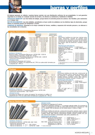 Al haberse laminado en caliente, nuestras barras cuentan con una distribución uniforme de sus propiedades, lo cual garantiza
seguridad en el trabajo en cualquier sección de la barra, sin afectar su resistencia y facilitando el doblado.
FÁCILES DE TRABAJAR: Las más fáciles de trabajar, porque tienen el contenido preciso de carbono. Son flexibles, pero resistentes
en el trabajo final.
MAYOR SOLDABILIDAD: Las más soldables, permitiendo un buen cordón de soldadura con los distintos tipos de electrodos, porque
tienen el contenido preciso de manganeso y azufre.
VARIEDAD DE MEDIDAS: Ofrecidas en la mayor variedad de formas, medidas y espesores del mercado peruano y se adecuan a
las necesidades de la industria.
PRESENTACIÓN:
Se produce en longitudes de 6 metros.
Las barras de diámetros mayores a 1" se entregan además pulidas. Se suministra en
varillas y en paquetones de 2 TM, los cuales están formados por 2 paquetes de 1 TM
c/u. La calidad 1045 se identifica con los colores blanco, o blanco y negro.
USOS:
Estructuras metálicas de todo tipo, construcción de puertas, portones, cercos, marcos
de ventanas, rejas de protección y decorativas, barandas, carpintería metálica artística,
muebles, mesas, sillas, adornos, herramientas (martillos, tenazas, cinceles, etc), per-
nos, tuercas (por recalado o mecanizado), ejes, pines, pasadores, etc.
PROPIEDADES MECÁNICAS:
ASTM A36:Límite de Fluencia mínimo = 2,530 kg/cm2
. (*)
Resistencia a la Tracción = 4,080 - 5,620 kg/cm2
(*)
Alargamiento en 200 mm = 20.0 % mínimo
SAE 1045 : Límite de Fluencia mínimo = 4,000 - 5,500 kg/cm2
. (*)
Resistencia a la Tracción = 6,700 - 8,200 kg/cm2
(*)
Alargamiento en 200 mm = 12.0 % mínimo
(*) Valores referenciales.
NORMAS TÉCNICAS:
Composición Química : ASTM A36, SAE 1045
Tolerancias Dimensionales
- Barras de diámetros < a 1” : ISO 1035/4
- Barras de diámetros > a 1” : ASTM A6 / A6M
Barras Redondas Lisas
DIMENSIONES
Sistema Inglés
(pulgadas)
3/8 1 1/4
1/2 1 3/8
5/8 1 1/2
3/4 1 3/4
7/8 2
1 2 1/4
1 1/8 2 1/2
barras y perfiles
Ángulos Estructurales
DIMENSIONES
Sistema Inglés
(pulgadas)
1 1/2 x 1 1/2 x 3/32 2 1/2 x 2 1/2 x 3/16
1 1/2 x 1 1/2 x 1/8 2 1/2 x 2 1/2 x 1/4
1 1/2 x 1 1/2 x 3/16 2 1/2 x 2 1/2 x 5/16
1 1/2 x 1 1/2 x 1/4 2 1/2 x 2 1/2 x 3/8
1 3/4 x 1 3/4 x 1/8 3 x 3 x 1/4
1 3/4 x 1 3/4 x 3/16 3 x 3 x 5/16
1 3/4 x 1 3/4 x 1/4 3 x 3 x 3/8
2 x 2 x 1/8 3 x 3 x 1/2
2 x 2 x 3/16 4 x 4 x 1/4
2 x 2 x 1/4 4 x 4 x 5/16
2 x 2 x 5/16 4 x 4 x 3/8
2 x 2 x 3/8 4 x 4 x 1/2
DIMENSIONES
Sistema métrico
(mm)
20 x 20 x 2.0
20 x 20 x 2.5
20 x 20 x 3.0
25 x 25 x 2.0
25 x 25 x 2.5
25 x 25 x 3.0
25 x 25 x 4.5
25 x 25 x 6.0
30 x 30 x 2.0
30 x 30 x 2.5
30 x 30 x 3.0
30 x 30 x 4.5
30 x 30 x 6.0
USOS:
Estructuras metálicas de todo tipo: plantas indus-
triales, almacenes, techado de grandes luces,
industria naval, carrocerías y torres de transmisión,
construcción de puertas, portones, cercos, marcos
de ventana, rejas de protección, muebles, mesas,
sillas, etc.
PROPIEDADES MECÁNICAS:
Límite de Fluencia mínimo = 2,530 kg/cm2
.
Resistencia a la Tracción = 4,080 - 5,620 kg/cm2
(*)
Alargamiento en 200 mm
Espesores:
2.0mm, 2.5mm, 3.0mm,
3/32” y 1/8” = 12.5 % mínimo
4.5 mm = 14.5 % mínimo
3/16” = 15.0 % mínimo
6.0 mm = 17.0 % mínimo
1/4” = 17.5 % mínimo
5/16”, 3/8” y 1/2 = 20.0 % mínimo
Soldabilidad = Buena.
(*) Para espesores de 2.0 y 2.5 mm, la resistencia a la tracción mínima es
de 3500 kg/cm2
.
NORMAS TÉCNICAS:
Sistema Inglés: Propiedades Mecánicas: ASTM A36 / A36 M
Tolerancias Dimensionales: ASTM A6 / A6 M
Sistema Métrico: Propiedades Mecánicas: ASTM A36 / A36 M
Tolerancias Dimensionales: ISO 657/ V
PRESENTACIÓN:
Se produce en longitudes de 6 metros.
Se suministra en varillas y en paquetones de 2 TM, los cuales están formados por
2 paquetes de 1 TM c/u.
USOS:
Estructuras metálicas de todo tipo: construcción de
puertas, portones, cercos, marcos de ventanas, rejas
de protección y decorativas, barandas, carpintería
metálica artística, muebles, mesas, sillas, adornos,
herramientas (martillos, tenazas, cinceles, etc).
PROPIEDADES MECÁNICAS:
Límite de Fluencia mínimo = 2,530 kg/cm2
Resistencia a la Tracción = 4,080 - 5,620 kg/cm2
Alargamiento en 200 mm:
1/8” = 12.5 % mínimo
3/16” = 15.0 % mínimo
1/4” = 17.5 % mínimo
3/8”, 1/2”, 5/8”, 3/4” y 1” = 20.0 % mínimo
Doblado a 180o
= Bueno
Soldabilidad = Buena.
NORMAS TÉCNICAS:
Composición Química y Propiedades Mecánicas: ASTM A36
Tolerancias Dimensionales : ISO 1035/4
PRESENTACIÓN:
Se produce en barras de 6 metros de longitud. Se suministra en varillas y en
paquetones de 2 TM, los cuales están formados por 2 paquetes de 1 TM c/u.
Platinas
DIMENSIONES
Sistema Inglés (pulgadas)
1/8 x 1/2 3/16 x 1 1/2 1/4 x 4 1/2 x 3
1/8 x 5/8 3/16 x 2 3/8 x 1 1/2 x 4
1/8 x 3/4 3/16 x 2 1/2 3/8 x 1 1/4 5/8 x 2 1/2
1/8 x 1 1/4 x 1/2 3/8 x 1 1/2 5/8 x 3
1/8 x 1 1/4 1/4 x 5/8 3/8 x 2 5/8 x 4
1/8 x 1 1/2 1/4 x 3/4 3/8 x 2 1/2 3/4 x 4
1/8 x 2 1/4 x 1 3/8 x 3 1 x 3
3/16 x 1/2 1/4 x 1 1/4 3/8 x 4 1 x 4
3/16 x 5/8 1/4 x 1 1/2 1/2 x 1
3/16 x 3/4 1/4 x 2 1/2 x 1 1/2
3/16 x 1 1/4 x 2 1/2 1/2 x 2
3/16 x 1 1/4 1/4 x 3 1/2 x 2 1/2
ACEROS AREQUIPA 3
 
