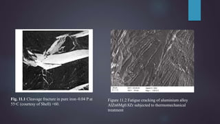 Fig. 11.1 Cleavage fracture in pure iron–0.04 P at
55◦C (courtesy of Shell) ×60.
Figure 11.2 Fatigue cracking of aluminium alloy
AlZn6Mg0.8Zr subjected to thermomechanical
treatment
 