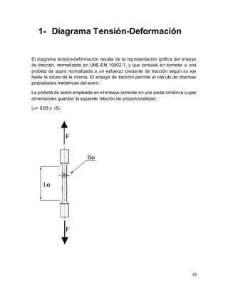 19
1- Diagrama Tensión-Deformación
El diagrama tensión-deformación resulta de la representación gráfica del ensayo
de tracción, normalizado en UNE-EN 10002-1, y que consiste en someter a una
probeta de acero normalizada a un esfuerzo creciente de tracción según su eje
hasta la rotura de la misma. El ensayo de tracción permite el cálculo de diversas
propiedades mecánicas del acero.
La probeta de acero empleada en el ensayo consiste en una pieza cilíndrica cuyas
dimensiones guardan la siguiente relación de proporcionalidad:
L0= 5.65 x √S0
 