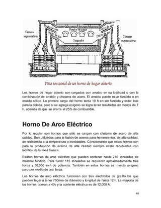 44
Los hornos de hogar abierto son cargados con arrabio en su totalidad o con la
combinación de arrabio y chatarra de acero. El arrabio puede estar fundido o en
estado sólido. La primera carga del horno tarda 10 h en ser fundida y estar lista
para la colada, pero si se agrega oxígeno se logra tener resultados en menos de 7
h, además de que se ahorra el 25% de combustible.
Horno De Arco Eléctrico
Por lo regular son hornos que sólo se cargan con chatarra de acero de alta
calidad. Son utilizados para la fusión de aceros para herramientas, de alta calidad,
de resistencia a la temperatura o inoxidables. Considerando que estos hornos son
para la producción de aceros de alta calidad siempre están recubiertos con
ladrillos de la línea básica.
Existen hornos de arco eléctrico que pueden contener hasta 270 toneladas de
material fundido. Para fundir 115 toneladas se requieren aproximadamente tres
horas y 50,000 kwh de potencia. También en estos hornos se inyecta oxígeno
puro por medio de una lanza.
Los hornos de arco eléctrico funcionan con tres electrodos de grafito los que
pueden llegar a tener 760mm de diámetro y longitud de hasta 12m. La mayoría de
los hornos operan a 40v y la corriente eléctrica es de 12,000 A.
 