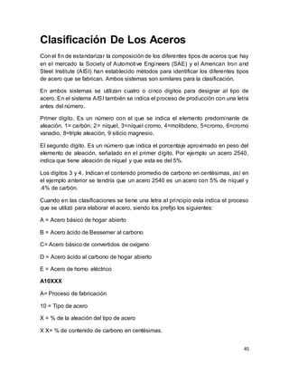 45
Clasificación De Los Aceros
Con el fin de estandarizar la composición de los diferentes tipos de aceros que hay
en el mercado la Society of Automotive Engineers (SAE) y el American Iron and
Steel Institute (AISI) han establecido métodos para identificar los diferentes tipos
de acero que se fabrican. Ambos sistemas son similares para la clasificación.
En ambos sistemas se utilizan cuatro o cinco dígitos para designar al tipo de
acero. En el sistema AISI también se indica el proceso de producción con una letra
antes del número.
Primer dígito. Es un número con el que se indica el elemento predominante de
aleación. 1= carbón, 2= níquel, 3=níquel cromo, 4=molibdeno, 5=cromo, 6=cromo
vanadio, 8=triple aleación, 9 silicio magnesio.
El segundo dígito. Es un número que indica el porcentaje aproximado en peso del
elemento de aleación, señalado en el primer dígito. Por ejemplo un acero 2540,
indica que tiene aleación de níquel y que esta es del 5%.
Los dígitos 3 y 4. Indican el contenido promedio de carbono en centésimas, así en
el ejemplo anterior se tendría que un acero 2540 es un acero con 5% de níquel y
.4% de carbón.
Cuando en las clasificaciones se tiene una letra al principio esta indica el proceso
que se utilizó para elaborar el acero, siendo los prefijo los siguientes:
A = Acero básico de hogar abierto
B = Acero ácido de Bessemer al carbono
C= Acero básico de convertidos de oxígeno
D = Acero ácido al carbono de hogar abierto
E = Acero de horno eléctrico
A10XXX
A= Proceso de fabricación
10 = Tipo de acero
X = % de la aleación del tipo de acero
X X= % de contenido de carbono en centésimas.
 