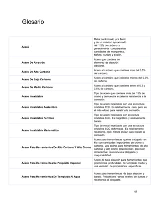 47
Glosario
Acero
Metal conformado por fierrro
y de un máximo aproximado
del 1.5% de carbono y
generalmente con pequeñas
cantidades de manganeso,
fósforo, sulfuro y silicón.
Acero De Aleación
Acero que contiene un
elemento de aleación
adicional.
Acero De Alto Carbono
Acero al carbono que contiene más del 0.5%
del carbono.
Acero De Bajo Carbono
Acero al carbono que contiene menos del 0.3%
de carbono.
Acero De Medio Carbono
Acero al carbono que contiene entre el 0.3 y
0.5% de carbono.
Acero Inoxidable
Tipo de acero que contiene más del 15% de
cromo y demuestra excelente resistencia a la
corrosión.
Acero Inoxidable Austenítico
Tipo de acero inoxidable con una estructura
cristalina FFC. Es relativamente caro, pero es
el más eficaz para resistir a la corrosión.
Acero Inoxidable Ferrítico
Tipo de acero inoxidable con estructura
cristalina BCC. Es magnético y relativamente
barato.
Acero Inoxidable Martensítico
Tipo de metal inoxidable con una estructura
cristalina BCC deformada. Es relativamente
resistente, pero menos eficaz para resistir la
corrosión.
Acero Para HerramientasDe Alto Carbono Y Alto Cromo
Acero para herramientas que es trabajado en
frío con cantidades importantes de cromo y
carbono. Los aceros para herramientas de alto
carbono y alto cromo proporcionan precisión
dimensional, resistencia al desgaste y
maquinabilidad.
Acero Para HerramientasDe Propósito Especial
Acero de baja aleación para herramientas que
proporciona profundidad de templado medio y
una variedad de propiedades específicas.
Acero Para HerramientasDe Templado Al Agua
Acero para herramientas de baja aleación y
barato. Proporciona varios niveles de dureza y
resistencia al desgaste.
 