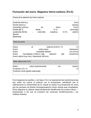 8
Formación del acero. Diagrama hierro-carbono (Fe-C)
En el diagrama de equilibro, o de fases, Fe-C se representan las transformaciones
que sufren los aceros al carbono con la temperatura, admitiendo que el
calentamiento (o enfriamiento) de la mezcla se realiza muy lentamente de modo
que los procesos de difusión (homogeneización) tienen tiempo para completarse.
Dicho diagrama se obtiene experimentalmente identificando los puntos críticos —
temperaturas a las que se producen las sucesivas transformaciones— por
métodos diversos.
Fases de la aleación de hierro-carbono
Austenita (hierro-ɣ. duro)
Ferrita (hierro-α. blando)
Cementita (carburo de hierro. Fe3C)
Perlita (88 % ferrita, 12 % cementita)
Ledeburita (ferrita - cementita eutectica, 4,3 % carbón)
Bainita
Martensita
Tipos de acero
Acero al carbono (0,03-2,1 % C)
Acero corten (para intemperie)
Acero inoxidable (aleado con cromo)
Acero microaleado («HSLA», baja aleación alta resistencia)
Acero rápido (muy duro, tratamiento térmico)
Otras aleaciones Fe-C
Hierro dulce (prácticamente sin carbón)
Fundición (>2,1 % C)
Fundición dúctil (grafito esferoidal)
 