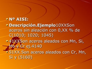 Nº AISI:Nº AISI:
Descripción.EjemploDescripción.Ejemplo10XXSon10XXSon
aceros sin aleación con 0,XX % deaceros sin aleación con 0,XX % de
C(1010; 1020; 1045)C(1010; 1020; 1045)
41XXSon aceros aleados con Mn, Si,41XXSon aceros aleados con Mn, Si,
Mo y Cr ej.4140Mo y Cr ej.4140
51XX.Son aceros aleados con Cr, Mn,51XX.Son aceros aleados con Cr, Mn,
Si y (5160)Si y (5160)
 