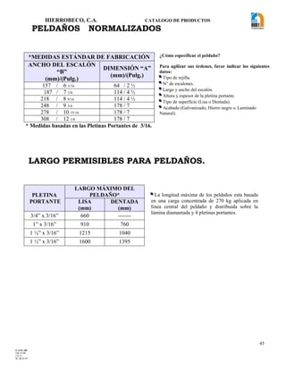 HIERROBECO, C.A. CATALOGO DE PRODUCTOS
45
PELDAÑOS NORMALIZADOS
*MEDIDAS ESTÁNDAR DE FABRICACIÓN ¿Cómo especificar el peldaño?
Para agilizar sus órdenes, favor indicar los siguientes
datos:
 Tipo de rejilla.
 N° de escalones.
 Largo y ancho del escalón.
 Altura y espesor de la pletina portante.
 Tipo de superficie (Lisa o Dentada).
 Acabado (Galvanizado, Hierro negro o Laminado
Natural).
ANCHO DEL ESCALÓN
“B”
(mm)/(Pulg.)
DIMENSIÓN “A”
(mm)/(Pulg.)
157 / 6 3/16 64 / 2 ½
187 / 7 3/8 114 / 4 ½
218 / 8 9/16 114 / 4 ½
248 / 9 3/4 178 / 7
278 / 10 15/16 178 / 7
308 / 12 1/8 178 / 7
* Medidas basadas en las Pletinas Portantes de 3/16.
LARGO PERMISIBLES PARA PELDAÑOS.
PLETINA
PORTANTE
LARGO MÁXIMO DEL
PELDAÑO*  La longitud máxima de los peldaños esta basada
en una carga concentrada de 270 kg aplicada en
línea central del peldaño y distribuida sobre la
lámina diamantada y 4 pletinas portantes.
LISA
(mm)
DENTADA
(mm)
3/4” x 3/16” 660 -------
1” x 3/16” 910 760
1 ¼” x 3/16” 1215 1040
1 ½” x 3/16” 1600 1395
F-AVE-100
EM: 07/00
CD: 0
RI: 05-05-07
 
