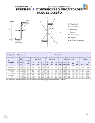 HIERROBECO, C.A. CATALOGO DE PRODUCTOS
49
PERFILES Z DIMENSIONES Y PROPIEDADES
PARA EL DISEÑO
Designación Dimensiones Propiedades
Z d x peso
mm x kgf
Ala
b t
Rig
c
m
m
Es
p t
Area
A
cm ²
EJE X - X EJE Y - Y EJES N-N y Z-Z Torsión
Ix
cm 4
Sx
cm ³
rx
cm
Iy
cm 4
Sy
cm ³
ry
cm
lxy
cm4
lz
cm4
ln
cm 4
r
min
cm
θ
cm
J
cm 4
Cw
cm 6
Z 150 x 5.57 70 25 2.15 7.10 259 34.6 6.05 109 12.6 3.92 127 36.4 332 2.27 60.3 0.109 3990
Z 200 x 6.41
x 8.88
x 13.2
70 30
2.15
3.00
4.50
8.17
11.3
16.8
505
692
1010
50.5
69.2
101
7.86
7.82
7.75
109
148
212
12.6
17.2
24.8
3.65
3.62
3.56
173
236
340
44.2
60.1
86.2
570
780
1130
233
2.30
2.27
69.5
69.6
69.7
0.126
0.340
1.13
7510
10100
14300
Z 250 x 7.76
x 13.7
80 30
2.15
13.7
4.50
9.89
13.7
20.4
942
1300
1890
75.4
104
152
9.76
9.72
9.65
170
232
334
17.0
23.2
33.8
4.14
4.11
4.05
291
399
580
72.3
98.7
142
1040
1430
2090
2.70
2.68
2.65
71.5
71.6
71.7
0.152
0.412
1.38
18700
25400
36300
Los Perfiles Z, están concebidos para ser usados como correas y párales en los techos y paredes.
d= Altura Total
bf= Ancho del ala
c= Rigidizador
t= Espesor
R= Radio Interno
θ = Angulo
Y; N; Z; X = Propiedades
d
bf
t
c
R
Z
Z
X X
N
N
Y
Y
θ
F-AVE-100
EM: 07/00
CD: 0
RI: 05-05-07
 
