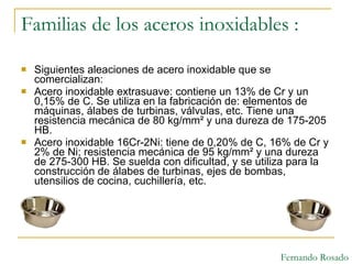 Familias de los aceros inoxidables : Siguientes aleaciones de acero inoxidable que se comercializan: Acero inoxidable extrasuave: contiene un 13% de Cr y un 0,15% de C. Se utiliza en la fabricación de: elementos de máquinas, álabes de turbinas, válvulas, etc. Tiene una resistencia mecánica de 80 kg/mm² y una dureza de 175-205 HB.  Acero inoxidable 16Cr-2Ni: tiene de 0,20% de C, 16% de Cr y 2% de Ni; resistencia mecánica de 95 kg/mm² y una dureza de 275-300 HB. Se suelda con dificultad, y se utiliza para la construcción de álabes de turbinas, ejes de bombas, utensilios de cocina, cuchillería, etc.  Fernando Rosado 