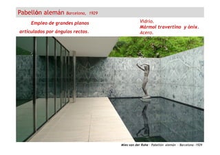 Pabellón alemán Barcelona, 1929
Empleo de grandes planos
articulados por ángulos rectos.
Vidrio.
Mármol travertino y ónix.
Acero.
Mies van der Rohe – Pabellón alemán - Barcelona -1929
 
