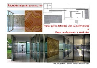Pabellón alemán Barcelona, 1929
Planos puros definidos por su materialidad
+
líneas horizontales y verticales
Mies van der Rohe - Pabellón alemán - Barcelona -1929
 
