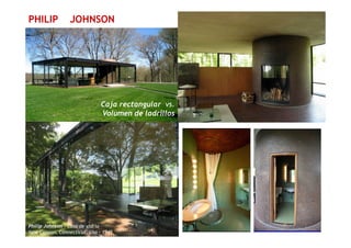 PHILIP JOHNSON
Caja rectangular vs.
Volumen de ladrillos
Philip Johnson – Casa de vidrio –
New Canaan, Connecticut, Usa - 1949
 