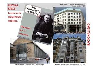 CIONALISMO
NUEVAS
IDEAS
Adolf Loos - Casa en Michaelerplatz –
Viena, ustria – 1909
Origen de la
arquitectura
moderna.
Racionalismo
pretende que todo lo que aparece en una obra tenga una justificación racional.Peter Behrens – Turbinas AEG - Berlin - 1909 Auguste Perret - Casa en Rue Franklin 25 - 1903
RACIONA
 