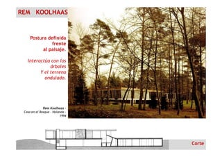REM KOOLHAAS
Postura definida
frente
al paisaje.
Interactúa con los
árboles
Y el terreno
ondulado.
Rem Koolhaas –
Casa en el Bosque – Holanda -
1994
ondulado.
Corte
 