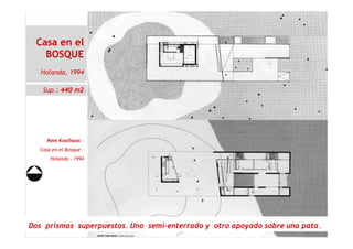 Casa en el
BOSQUE
Holanda, 1994
Sup.: 440 m2
Rem Koolhaas –
Casa en el Bosque –
Holanda - 1994
Dos prismas superpuestos. Uno semi-enterrado y otro apoyado sobre una pata.
 