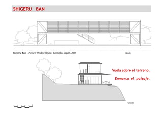SHIGERU BAN
Shigeru Ban - Picture Window House, Shizuoka, Japón, 2001
Vuela sobre el terreno.
Enmarca el paisaje.
 