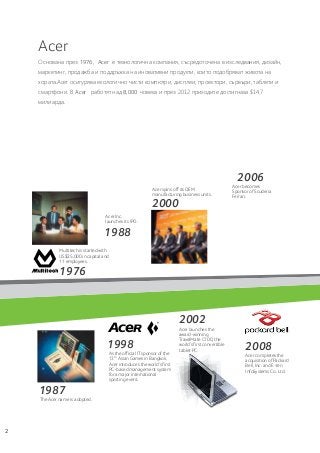 Multitech is started with
US$25,000 in capital and
11 employees.
Acer Inc.
launches its IPO.
Acer spins off its OEM
manufacturing business units.
Acer launches the
award-winning
TravelMate C100, the
world’s first convertible
tablet PC.
1988
2000
2002
The Acer name is adopted.
As the official IT sponsor of the
13th
Asian Games in Bangkok,
Acer introduces the world’s first
PC-based management system
for a major international
sporting event.
1987
1998
2006
1976
Acer completes the
acquisition of Packard
Bell, Inc. and E-ten
InfoSystems Co. Ltd.
2008
2
Acer
Acer becomes
Sponsor of Scuderia
Ferrari.
Основана през 1976, Acer е технологична компания, съсредоточена в изследвания, дизайн,
маркетинг, продажба и поддръжка на иновативни продукти, които подобряват живота на
хората.Acer осигурява екологично чисти компютри, дисплеи, проектори, сървъри, таблети и
смартфони. В Acer работят над 8,000 човека и през 2012 приходите достигнаха $14.7
милиарда.
 
