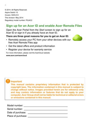 Acer Aspire Switch 10 Laptop Sw5 015 12kl Manual Pdf Download En