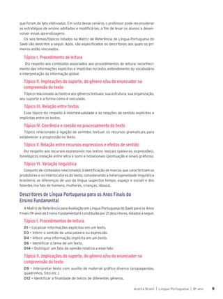 Acerta Brasil | Língua Portuguesa | 8o
ano 9
9
que foram de fato efetivadas. Em vista desse cenário, o professor pode reconsiderar
as estratégias de ensino adotadas e modificá-las, a fim de levar os alunos a desen-
volver essas aprendizagens.
Os seis temas/tópicos listados na Matriz de Referência de Língua Portuguesa do
Saeb são descritos a seguir. Após, são especificados os descritores aos quais os pri-
meiros estão vinculados.
Tópico I. Procedimento de leitura
Diz respeito aos conteúdos associados aos procedimentos de leitura: reconheci-
mento das informações explícitas e implícitas no texto, entendimento do vocabulário
e interpretação da informação global.
Tópico II. Implicações do suporte, do gênero e/ou do enunciador na
compreensão do texto
Tópico relacionado ao texto e aos gêneros textuais: sua estrutura, sua organização,
seu suporte e a forma como é veiculado.
Tópico III. Relação entre textos
Esse tópico diz respeito à intertextualidade e às relações de sentido explícitas e
implícitas entre os textos.
Tópico IV. Coerência e coesão no processamento do texto
Tópico relacionado à ligação de sentidos textual: os recursos gramaticais para
estabelecer a progressão no texto.
Tópico V. Relação entre recursos expressivos e efeitos de sentido
Diz respeito aos recursos expressivos nos textos: lexicais (palavras, expressões),
fonológicos (relação entre letra e som) e notacionais (pontuação e sinais gráficos).
Tópico VI. Variação linguística
Conjunto de conteúdos relacionados à identificação de marcas que caracterizam os
produtores e os interlocutores do texto, considerando a heterogeneidade linguística
brasileira; as diferenças de uso da língua (aspectos tempo, espaço e social) e dos
falantes (na fala de homens, mulheres, crianças, idosos).
Descritores de Língua Portuguesa para os Anos Finais do
Ensino Fundamental
A Matriz de Referência para Avaliação em Língua Portuguesa do Saeb para os Anos
Finais (9o
ano) do Ensino Fundamental é constituída por 21 descritores, listados a seguir.
Tópico I. Procedimentos de leitura
D1 – Localizar informações explícitas em um texto.
D3 – Inferir o sentido de uma palavra ou expressão.
D4 – Inferir uma informação implícita em um texto.
D6 – Identificar o tema de um texto.
D14 – Distinguir um fato da opinião relativa a esse fato
Tópico II. Implicações do suporte, do gênero e/ou do enunciador na
compreensão do texto
D5 – Interpretar texto com auxílio de material gráfico diverso (propagandas,
quadrinhos, foto etc.).
D12 – Identificar a finalidade de textos de diferentes gêneros.
 