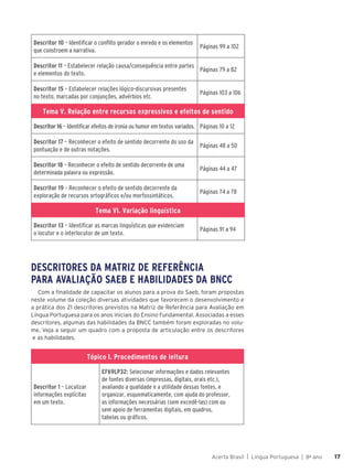 Acerta Brasil | Língua Portuguesa | 8o
ano 17
17
Descritor 10 – Identificar o conflito gerador o enredo e os elementos
que constroem a narrativa.
Páginas 99 a 102
Descritor 11 – Estabelecer relação causa/consequência entre partes
e elementos do texto.
Páginas 79 a 82
Descritor 15 – Estabelecer relações lógico-discursivas presentes
no texto, marcadas por conjunções, advérbios etc.
Páginas 103 a 106
Tema V. Relação entre recursos expressivos e efeitos de sentido
Descritor 16 – Identificar efeitos de ironia ou humor em textos variados. Páginas 10 a 12
Descritor 17 – Reconhecer o efeito de sentido decorrente do uso da
pontuação e de outras notações.
Páginas 48 a 50
Descritor 18 – Reconhecer o efeito de sentido decorrente de uma
determinada palavra ou expressão.
Páginas 44 a 47
Descritor 19 – Reconhecer o efeito de sentido decorrente da
exploração de recursos ortográficos e/ou morfossintáticos.
Páginas 74 a 78
Tema VI. Variação linguística
Descritor 13 – Identificar as marcas linguísticas que evidenciam
o locutor e o interlocutor de um texto.
Páginas 91 a 94
DESCRITORES DA MATRIZ DE REFERÊNCIA
PARA AVALIAÇÃO SAEB E HABILIDADES DA BNCC
Com a finalidade de capacitar os alunos para a prova do Saeb, foram propostas
neste volume da coleção diversas atividades que favorecem o desenvolvimento e
a prática dos 21 descritores previstos na Matriz de Referência para Avaliação em
Língua Portuguesa para os anos iniciais do Ensino Fundamental. Associadas a esses
descritores, algumas das habilidades da BNCC também foram exploradas no volu-
me. Veja a seguir um quadro com a proposta de articulação entre os descritores
e as habilidades.
Tópico I. Procedimentos de leitura
Descritor 1 – Localizar
informações explícitas
em um texto.
EF69LP32: Selecionar informações e dados relevantes
de fontes diversas (impressas, digitais, orais etc.),
avaliando a qualidade e a utilidade dessas fontes, e
organizar, esquematicamente, com ajuda do professor,
as informações necessárias (sem excedê-las) com ou
sem apoio de ferramentas digitais, em quadros,
tabelas ou gráficos.
 