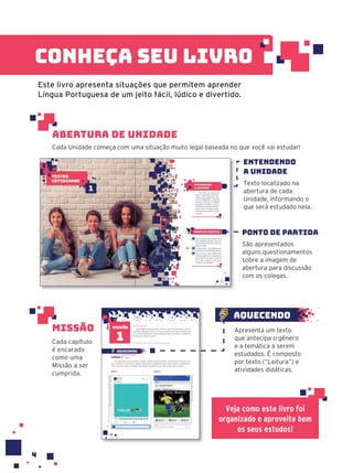 4
4
Missão
Cada capítulo
é encarado
como uma
Missão a ser
cumprida.
missão
10
Alguns gêneros, como tirinhas, crônicas, anúncios publicitários e outros,
costumam empregar o humor e a ironia como recursos. Nesta Missão, você
vai ler memes, identificar o humor presente neles e reconhecer os efeitos de
sentido que atribuem ao texto.
Leitura 1 Meme
Três anos após a Copa de 2014, o jogador alemão Toni Kroos postou um meme em uma rede social
para comemorar o Ano-Novo, fazendo referência ao resultado do jogo contra o Brasil na semifinal da
Copa. O jogador brasileiro Ronaldo respondeu ao alemão com um outro meme. Leia-os a seguir.
Veja orientações no Manual do Professor.
aquecendo
1
1
EF69LP05 | EF89LP37
D16 – Identificar efeitos de ironia ou humor em textos variados.
Texto I Texto II
LUKASZ
STEFANSKI/SHUTTERSTOCK/RICKY
EDWARDS/SHUTTERSTOCK/NODEMAND/SHUTTERSTOCK/
MATEO
VILLALBA/QUALITY
SPORT
IMAGES/GETTY
IMAGES/LAB212
DAVID
CANNON/
COLABORADOR/GETTY
IMAGES/LUKASZ
STEFANSKI/SHUTTERSTOCK/RICKY
EDWARDS/
SHUTTERSTOCK/ASTROVECTOR/SHUTTERSTOCK/LAB212
Abertura de Unidade
Cada Unidade começa com uma situação muito legal baseada no que você vai estudar!
Este livro apresenta situações que permitem aprender
Língua Portuguesa de um jeito fácil, lúdico e divertido.
Ponto de partida
São apresentados
alguns questionamentos
sobre a imagem de
abertura para discussão
com os colegas.
Entendendo
a Unidade
Texto localizado na
abertura de cada
Unidade, informando o
que será estudado nela.
Apresenta um texto
que antecipa o gênero
e a temática a serem
estudados. É composto
por texto (“Leitura”) e
atividades didáticas.
Veja como este livro foi
organizado e aproveite bem
os seus estudos!
conheça seu livro
aquecendo
 