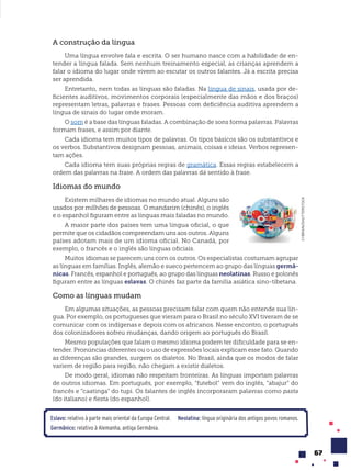 67
A construção da língua
Uma língua envolve fala e escrita. O ser humano nasce com a habilidade de en-
tender a língua falada. Sem nenhum treinamento especial, as crianças aprendem a
falar o idioma do lugar onde vivem ao escutar os outros falantes. Já a escrita precisa
ser aprendida.
Entretanto, nem todas as línguas são faladas. Na língua de sinais, usada por de-
ficientes auditivos, movimentos corporais (especialmente das mãos e dos braços)
representam letras, palavras e frases. Pessoas com deficiência auditiva aprendem a
língua de sinais do lugar onde moram.
O som é a base das línguas faladas. A combinação de sons forma palavras. Palavras
formam frases, e assim por diante.
Cada idioma tem muitos tipos de palavras. Os tipos básicos são os substantivos e
os verbos. Substantivos designam pessoas, animais, coisas e ideias. Verbos represen-
tam ações.
Cada idioma tem suas próprias regras de gramática. Essas regras estabelecem a
ordem das palavras na frase. A ordem das palavras dá sentido à frase.
Idiomas do mundo
Existem milhares de idiomas no mundo atual. Alguns são
usados por milhões de pessoas. O mandarim (chinês), o inglês
e o espanhol figuram entre as línguas mais faladas no mundo.
A maior parte dos países tem uma língua oficial, o que
permite que os cidadãos compreendam uns aos outros. Alguns
países adotam mais de um idioma oficial. No Canadá, por
exemplo, o francês e o inglês são línguas oficiais.
Muitos idiomas se parecem uns com os outros. Os especialistas costumam agrupar
as línguas em famílias. Inglês, alemão e sueco pertencem ao grupo das línguas germâ-
nicas. Francês, espanhol e português, ao grupo das línguas neolatinas. Russo e polonês
figuram entre as línguas eslavas. O chinês faz parte da família asiática sino-tibetana.
Como as línguas mudam
Em algumas situações, as pessoas precisam falar com quem não entende sua lín-
gua. Por exemplo, os portugueses que vieram para o Brasil no século XVI tiveram de se
comunicar com os indígenas e depois com os africanos. Nesse encontro, o português
dos colonizadores sofreu mudanças, dando origem ao português do Brasil.
Mesmo populações que falam o mesmo idioma podem ter dificuldade para se en-
tender. Pronúncias diferentes ou o uso de expressões locais explicam esse fato. Quando
as diferenças são grandes, surgem os dialetos. No Brasil, ainda que os modos de falar
variem de região para região, não chegam a existir dialetos.
De modo geral, idiomas não respeitam fronteiras. As línguas importam palavras
de outros idiomas. Em português, por exemplo, “futebol” vem do inglês, “abajur” do
francês e “caatinga” do tupi. Os falantes de inglês incorporaram palavras como pasta
(do italiano) e fiesta (do espanhol).
CYBRAIN/SHUTTERSTOCK
Eslavo: relativo à parte mais oriental da Europa Central.
Germânico: relativo à Alemanha, antiga Germânia.
Neolatina: língua originária dos antigos povos romanos.
 